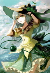 Rule 34 | 1girl, adapted costume, amulet, bracelet, cloud, day, dutch angle, floral print, frilled skirt, frilled sleeves, frills, grass, green eyes, hands up, hat, horizon, jewelry, keiko (mitakarawa), komeiji koishi, long hair, looking at viewer, aged up, open mouth, silver hair, skirt, sky, smile, solo, touhou, water, wind