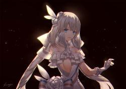 Rule 34 | 1girl, black background, blue eyes, bow, collarbone, dress, evening gown, fate/grand order, fate (series), floating hair, gloves, hair bow, hair ornament, hiiragi (karashriker), jewelry, layered gloves, long hair, looking at viewer, marie antoinette (fate), marie antoinette (fgo orchestra) (fate), necklace, off-shoulder dress, off shoulder, official alternate costume, parted lips, signature, silver hair, sleeveless, sleeveless dress, solo, standing, striped clothes, striped dress, twintails, upper body, very long hair, white bow, white dress, white gloves