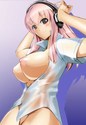 Rule 34 | 1girl, blush, bottomless, bowalia, breasts, headphones, large breasts, light smile, long hair, nipples, nitroplus, no bra, open clothes, open shirt, pink hair, red eyes, shirt, solo, super sonico, wet, wet clothes, white shirt