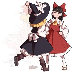 Rule 34 | 3girls, aged down, apron, arm up, ascot, black hair, blonde hair, blunt bangs, boots, bow, clenched hands, closed eyes, detached sleeves, fading, frills, hair bow, hair tubes, hakurei reimu, hands on own hips, hat, hat bow, kirisame marisa, long hair, long sleeves, mefomefo, multiple girls, nontraditional miko, pom pom (clothes), red skirt, sandals, satsuki rin, skirt, skirt set, smile, smug, socks, touhou, transparent, wide sleeves, witch hat