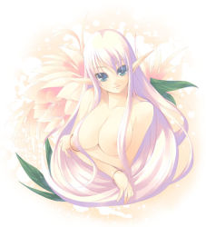 Rule 34 | 1girl, aqua eyes, areola slip, bracelet, breast hold, breasts, elf, fantasy, female focus, floral background, flower, hair censor, hair over breasts, head tilt, huge breasts, jewelry, kirishima satoshi, long hair, looking at viewer, nude, pale color, pink hair, pointy ears, solo, topless frame, upper body, very long hair