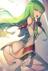 Rule 34 | 1girl, ass, boots, breasts, c.c., code geass, commentary, gloves, green hair, high heel boots, high heels, highres, long hair, looking at viewer, looking back, medium breasts, open mouth, solo, tarariko, thigh boots, thighhighs, very long hair, white gloves, yellow eyes