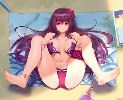 Rule 34 | 1girl, absurdres, anklet, barefoot, beach, beach mat, bikini, breasts, bridal garter, cooler, cup, drinking glass, fate/grand order, fate (series), female focus, fingernails, flower, hair flower, hair intakes, hair ornament, hibiscus, highres, jewelry, large breasts, looking at viewer, nail polish, ninai, outdoors, pink bikini, purple bikini, purple hair, red eyes, scathach (fate), scathach (fate/grand order), scathach (swimsuit assassin) (fate), soles, solo, spill, spread legs, swimsuit, unfastened