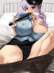 Rule 34 | 1girl, absurdres, baton (weapon), bed, black panties, blue shirt, blush, breast pocket, breasts, cameltoe, cleavage, clothes pull, gloves, grey hair, hat, highres, holding, huge breasts, idolmaster, idolmaster (classic), indoors, kumako (kumakonoh), lace, lace-trimmed panties, lace trim, long hair, on bed, open clothes, open shirt, panties, pantyhose, pantyhose pull, partially fingerless gloves, pencil skirt, pocket, police, police hat, police uniform, policewoman, purple eyes, shijou takane, shirt, skirt, solo, symbol-shaped pupils, underwear, uniform, weapon, white gloves