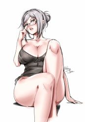 Rule 34 | 1girl, alternate costume, bag, bare shoulders, barefoot, blush, breasts, brown eyes, cleavage, collarbone, commentary request, glasses, grey hair, hair bun, large breasts, legs, lips, looking at viewer, medium hair, open mouth, prison school, relaxjon, shiraki meiko, signature, simple background, sitting, solo, thighs, white background