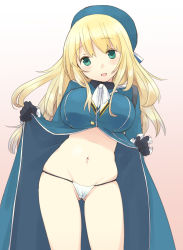 Rule 34 | 10s, 1girl, atago (kancolle), bad id, bad pixiv id, black gloves, blonde hair, blue hat, blush, breasts, gloves, green eyes, hat, highres, kantai collection, large breasts, long hair, looking at viewer, military, military uniform, navel, panties, partially visible vulva, personification, smile, solo, tsumura chita, underwear, uniform, white panties