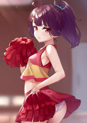 1girl absurdres ahoge ass black_hair blush cheerleader cowboy_shot hair_ornament hairclip highres holding holding_pom_poms open_mouth panties pleated_skirt pom_pom_(cheerleading) pom_poms ponytail red_eyes red_skirt short_hair skirt solo tenneko_yuuri touhoku_kiritan underwear voiceroid white_panties