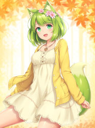 Rule 34 | 1girl, :d, animal ear fluff, animal ears, autumn leaves, beige dress, breasts, cowboy shot, flower, fox ears, fox tail, green eyes, green hair, hair flower, hair ornament, heart, heart necklace, highres, jacket, jewelry, leaf, long sleeves, looking at viewer, necklace, open clothes, open jacket, open mouth, original, sasaame, shiny skin, short hair, small breasts, smile, solo, tail, unbuttoned, yellow jacket