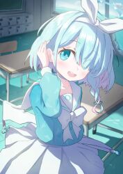 Rule 34 | 1girl, :d, arm up, arona (blue archive), blue archive, blue eyes, blue hair, blue shirt, blurry, blush, bow, bow hairband, bowtie, braid, chair, chalkboard, choker, classroom, colored inner hair, commentary request, desk, getabako, hair over one eye, hair over shoulder, hairband, halo, highres, holding, holding umbrella, long sleeves, looking at viewer, medium hair, meluwow, multicolored hair, navel, open mouth, pink hair, sailor collar, school chair, school desk, school uniform, serafuku, shirt, single braid, skirt, smile, solo, two-tone hair, umbrella, wet floor, white bow, white bowtie, white choker, white sailor collar, white skirt