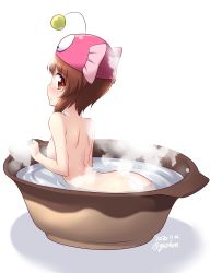 Rule 34 | 1girl, anglerfish costume, artist name, ass, bathing, bathtub, blush, breasts, brown hair, closed mouth, dated, girls und panzer, hat, highres, kuzuryuu kennosuke, large breasts, looking at viewer, looking back, nishizumi miho, nude, shiny skin, short hair, shoulder blades, simple background, solo, white background