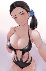 Rule 34 | 1girl, areola slip, armpits, black hair, breasts, brown eyes, cleavage, cowboy shot, highres, large breasts, looking at viewer, medium hair, mole, mole above mouth, mole on breast, mole on stomach, navel, one-piece swimsuit, scrunchie, selfie, side ponytail, simple background, skindentation, smile, solo, swimsuit, wa (genryusui), white background