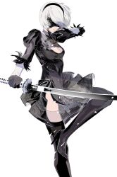 Rule 34 | black blindfold, black dress, black gloves, black hairband, black thighhighs, blindfold, cleavage cutout, clothing cutout, cofffee, dress, gloves, hairband, holding, holding weapon, juliet sleeves, katana, long sleeves, mole, mole under mouth, nier (series), nier:automata, puffy sleeves, short hair, side slit, sword, thighhighs, weapon, white background, white hair, 2b (nier:automata)
