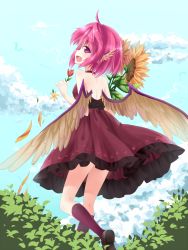 Rule 34 | 1girl, animal ears, back, bad id, bad pixiv id, bare shoulders, choker, cloud, day, dress, feathered wings, flower, flying, highres, looking back, mystia lorelei, no headwear, no headwear, open mouth, petals, pink eyes, pink hair, short hair, sky, smile, solo, sunflower, touhou, transistor, tulip, wings