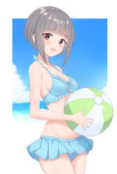 Rule 34 | 1girl, a.mo., absurdres, alice gear aegis, ball, beach, beachball, bikini, bikini skirt, blue bikini, blue sky, blunt bangs, breasts, brown eyes, cloud, commentary request, day, fumishima asuka, grey hair, highres, holding, holding ball, holding beachball, horizon, ocean, outdoors, short hair, sidelocks, sky, small breasts, solo, swimsuit