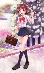 Rule 34 | 1girl, :d, bad id, bad pixiv id, bag, black footwear, blue eyes, blue legwear, blush, bow, bowtie, briefcase, brown hair, chocolat., flower, full body, hair ribbon, happy, highres, loafers, looking at viewer, open mouth, original, petals, ribbon, school bag, school briefcase, school uniform, shoes, short hair, short sleeves, side ponytail, skirt, smile, solo