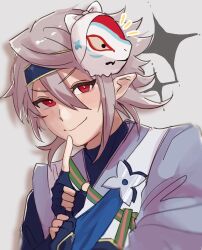 Rule 34 | 1boy, blue sash, closed mouth, corrin (fire emblem), corrin (male) (fire emblem), corrin (male) (ninja) (fire emblem), fingerless gloves, fire emblem, fire emblem fates, fire emblem heroes, gloves, grey hair, highres, looking at viewer, neko maru 1027, nintendo, official alternate costume, red eyes, sash, smile, solo, upper body