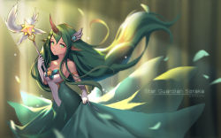 Rule 34 | 1girl, absurdly long hair, artist name, bad id, bad pixiv id, bare shoulders, blush, breasts, character name, cleavage, closed mouth, cowboy shot, dduck kong, elbow gloves, eyebrows, gloves, green eyes, green hair, highres, holding, holding staff, horns, league of legends, long hair, looking at viewer, medium breasts, pointy ears, single horn, solo, soraka (league of legends), staff, star guardian (league of legends), star guardian soraka, very long hair, white background