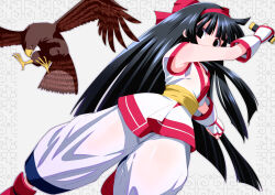 Rule 34 | 1girl, ainu clothes, arm up, armpit peek, attack, black eyes, black hair, breasts, cleavage, clenched hands, covering own mouth, fingerless gloves, gloves, hair ribbon, highres, leg up, legs, long hair, looking at viewer, mamahaha, medium breasts, nakoruru, no bra, pants, ribbon, samurai spirits, serious, snk, the king of fighters, thighs, traditional media, weapon