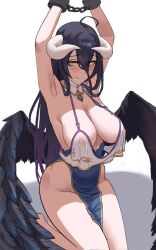 Rule 34 | 1girl, albedo (overlord), armpits, arms up, black hair, black wings, breasts, commentary, covered erect nipples, cuffs, demon girl, demon horns, detached collar, english commentary, feathered wings, hair between eyes, handcuffs, highres, horns, large breasts, long hair, long hair between eyes, looking at viewer, overlord (maruyama), pelvic curtain, restrained, seiza, shadow, simple background, sitting, smile, solo, wings, yellow eyes, zefrableu