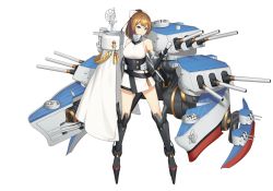 Rule 34 | 1girl, absurdres, armor, blush, cannon, green eyes, hair ornament, highres, japanese clothes, long hair, mecha musume, mechanical arms, mechanical legs, mechanization, military, military vehicle, original, personification, ponytail, ship, solo, syaoranen, transparent background, warship, watercraft, weapon