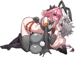 Rule 34 | 2boys, all fours, animal ears, ass, astolfo (fate), astolfo (saber) (fate), bare shoulders, blush, bow, bowtie, commentary request, elbow gloves, fake animal ears, fang, fate/apocrypha, fate/grand order, fate (series), full body, gloves, grey hair, hair between eyes, haoro, leotard, long hair, lying, multiple boys, on side, open mouth, pantyhose, pink hair, playboy bunny, purple eyes, rabbit ears, rabbit tail, red eyes, sieg (fate), simple background, skin fang, sleeveless, sweat, tail, thighhighs, tongue, trap, twintails, white background, yaoi