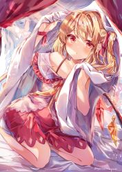 Rule 34 | 1girl, absurdres, ayatsuki sugure, bare shoulders, bed sheet, blanket, blonde hair, blush, camisole, chestnut mouth, collarbone, commentary request, crystal, curtains, flandre scarlet, hair between eyes, hair ribbon, highres, holding, holding blanket, looking at viewer, one side up, red eyes, red skirt, ribbon, seiza, short hair, sitting, skirt, solo, touhou, under covers, wings, wrist ribbon