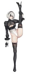Rule 34 | 1girl, black footwear, black thighhighs, blindfold, boots, breasts, cleavage, closed mouth, clothing cutout, commentary, feather trim, full body, gloves, hairband, high heel boots, high heels, highleg, highleg leotard, highres, kurone rinka, leotard, lips, long sleeves, medium breasts, mole, mole under mouth, nier:automata, nier (series), puffy sleeves, revision, shiny clothes, short hair, simple background, solo, split, standing, standing on one leg, standing split, thigh boots, thighhighs, white background, white hair, 2b (nier:automata)