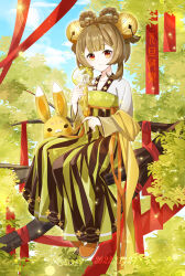 Rule 34 | 1girl, bell, brown hair, chinese clothes, closed mouth, cloud, day, full body, genshin impact, hair bell, hair ornament, hanfu, heijingying, highres, holding, jingle bell, long sleeves, looking at viewer, outdoors, rabbit, red eyes, ruqun, shawl, sitting, sky, smile, solo, tree, tuanshan, wide sleeves, yaoyao (genshin impact), yellow shawl, yuegui (genshin impact)