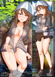 Rule 34 | 1girl, black skirt, blush, breasts, brown eyes, brown hair, cameltoe, cleavage, closed mouth, full body, girls und panzer, hand in own hair, hat, head tilt, highres, impossible clothes, impossible skirt, jacket, keizoku school uniform, large breasts, looking at viewer, medium hair, megadeko, microskirt, mika (girls und panzer), multiple views, navel, no bra, open clothes, open jacket, open mouth, outdoors, pleated skirt, school uniform, sitting, skirt, smile, standing, track jacket