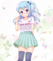Rule 34 | 1girl, aqua skirt, arm behind back, artist request, bang dream!, black thighhighs, blue bow, blue hair, blush, bow, bug, butterfly, clothes writing, commentary request, floral background, hair bow, hand up, insect, long hair, looking at viewer, matsubara kanon, one side up, pleated skirt, purple eyes, shirt, skirt, smile, solo, t-shirt, thighhighs, white shirt