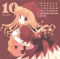 Rule 34 | 00s, 1girl, 2006, blonde hair, calendar, closed mouth, gloves, halloween, hat, jack-o&#039;-lantern, long hair, looking at viewer, mitsumi misato, october, original, pointy ears, pumpkin, red eyes, solo, white gloves