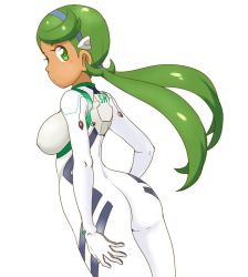 Rule 34 | 1girl, ass, ayanami rei, ayanami rei (cosplay), blush stickers, breasts, cosplay, creatures (company), dark-skinned female, dark skin, game freak, green eyes, green hair, large breasts, long hair, mallow (pokemon), neon genesis evangelion, nintendo, plugsuit, pokemon, pokemon sm, sideboob, simple background, solo, standing, tof, twintails, white background