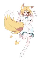 Rule 34 | 1girl, :3, absurdres, animal ear fluff, animal ears, bing zizi, blonde hair, breasts, fox, fox ears, fox shadow puppet, fox tail, full body, green ribbon, hair between eyes, hands up, highres, kitsune, kudamaki tsukasa, looking at viewer, neck ribbon, one eye closed, open mouth, puffy short sleeves, puffy sleeves, ribbon, short hair, short sleeves, simple background, small breasts, smile, socks, solo, standing, standing on one leg, tail, test tube, touhou, white background, white socks