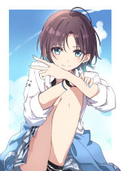 Rule 34 | 1girl, ahoge, asakura toru, blue eyes, blue jacket, blue nails, blue skirt, blush, brown hair, closed mouth, clothes around waist, collared shirt, commentary request, day, hair between eyes, idolmaster, idolmaster shiny colors, jacket, jacket around waist, knee up, looking at viewer, nail polish, parted bangs, pleated skirt, shirt, skirt, smile, solo, tsuezu, white shirt