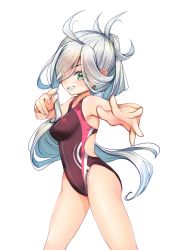 Rule 34 | 1girl, absurdres, ahoge, asashimo (kancolle), breasts, commentary request, competition swimsuit, cowboy shot, foreshortening, grey eyes, hair over one eye, highres, kantai collection, long hair, looking at viewer, medium breasts, one-piece swimsuit, ponytail, purple one-piece swimsuit, sharp teeth, simple background, solo, standing, swimsuit, teeth, white background, white hair, yashin (yasinz)