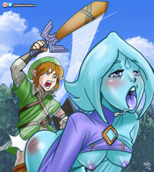 Rule 34 | ass, blue skin, blush, breasts, clothed sex, clothes lift, colored skin, doggystyle, fi (zelda), highres, implied sex, link, naughty face, nintendo, nipples, pablocomics, sex, sex from behind, shirt lift, spanking, the legend of zelda, the legend of zelda: skyward sword