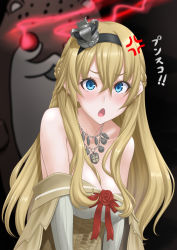 Rule 34 | 1girl, anger vein, black hairband, blonde hair, blue eyes, bokukawauso, braid, commentary request, corset, crown, dress, flower, french braid, hairband, half up braid, highres, jewelry, kantai collection, long hair, long sleeves, looking at viewer, mini crown, necklace, off-shoulder dress, off shoulder, otter, red flower, red ribbon, red rose, ribbon, rose, t2r, translation request, uchida shuu, upper body, voice actor connection, warspite (kancolle), white dress