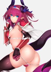 Rule 34 | 1girl, absurdres, armor, ass, bikini, bikini armor, black gloves, black thighhighs, blue eyes, blue ribbon, blush, breasts, cape, choker, closed mouth, commentary request, curled horns, elbow gloves, elizabeth bathory (brave) (fate), elizabeth bathory (fate), fate/grand order, fate (series), from behind, gloves, hair ribbon, halloween, highres, horns, kameponde, leaning forward, long hair, looking at viewer, looking back, oversized clothes, pauldrons, pink hair, pointy ears, red armor, red bikini, ribbon, shoulder armor, small breasts, smile, solo, swimsuit, tail, thighhighs, tiara, two side up, vambraces, white cape
