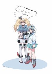 Rule 34 | 1girl, 2girls, aqua neckerchief, aqua skirt, black ribbon, blonde hair, blue eyes, blue hair, blue sailor collar, blue shirt, breasts, collared shirt, commentary request, dixie cup hat, double bun, gambier bay (kancolle), hair bun, hairband, hat, hat ribbon, highres, kantai collection, large breasts, long hair, long sleeves, looking at viewer, military hat, miniskirt, multiple girls, neckerchief, pleated skirt, ribbon, sailor collar, samekun (samekun s), samuel b. roberts (kancolle), samuel b. roberts mk ii (kancolle), school uniform, serafuku, shirt, short hair, shorts, simple background, skirt, sleeve cuffs, solo, standing, thighhighs, twintails, white background, white headwear, white shirt, white shorts, yellow eyes