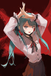 Rule 34 | 1girl, absurdres, aqua eyes, aqua hair, arms up, black nails, black skirt, blush, collared shirt, commentary, facial mark, fangs, frilled sleeves, frills, from above, hair ribbon, hatsune miku, heart, highres, jewelry, long hair, long sleeves, looking at viewer, mada (shizhou), multiple rings, nail polish, neck ribbon, open mouth, pleated skirt, red background, ribbon, ring, shirt, skirt, solo, symbol-only commentary, teeth, twintails, vampire (vocaloid), vocaloid, white shirt, x arms