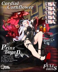 Rule 34 | 1girl, alcohol, ankle strap, antenna hair, azur lane, black bow, black dress, black footwear, black gloves, blush, bottle, bow, breasts, brown eyes, cannon, character name, dress, expressions, gloves, gold trim, hair between eyes, hair bow, head tilt, heart, high heels, highres, large breasts, lightning, logo, long hair, looking at viewer, mole, mole on breast, multicolored hair, official alternate costume, official art, open mouth, prinz eugen (azur lane), prinz eugen (cordial cornflower) (azur lane), realmbw, reclining, red hair, rigging, sidelocks, silver hair, silver trim, smile, solo, streaked hair, thighs, turret, two side up, very long hair, watermark