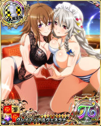 Rule 34 | 2girls, ahoge, braid, breasts, brown hair, card (medium), cleavage, female focus, grayfia lucifuge, grey hair, heart, heart hands, heart hands duo, high school dxd, kneeling, large breasts, lingerie, long hair, maid headdress, mature female, multiple girls, official art, pillow, purple eyes, red eyes, teddy (lingerie), trait connection, twin braids, underwear, venelana gremory