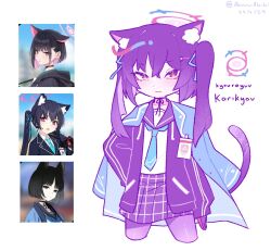 Rule 34 | 3girls, akaruiakiki, animal ear fluff, animal ears, blue archive, cat ears, cat girl, cat tail, chimerism, commentary, crossed bangs, english commentary, fusion, hair between eyes, halo, highres, kazusa (blue archive), kikyou (blue archive), long hair, multiple girls, necktie, official art inset, plaid, plaid skirt, pleated skirt, reference inset, school uniform, serika (blue archive), simple background, skirt, tail, twintails, white background
