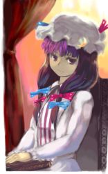 Rule 34 | 1girl, blue bow, book, bow, chair, circlek, curtains, dress, expressionless, female focus, hair bow, hat, head tilt, long hair, long sleeves, looking at viewer, mob cap, multiple hair bows, patchouli knowledge, pink bow, purple eyes, purple hair, shaded face, sitting, solo, touhou, upper body, very long hair, white dress