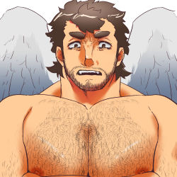Rule 34 | 1boy, bad id, bad pixiv id, bara, beard, blush, chest hair, close-up, completely nude, facial hair, feathered wings, hairy, halo, large pectorals, male focus, mature male, muscular, muscular male, nether angel (housamo), nipples, nude, pectoral focus, pectorals, shinonome kaikou, short hair, sideburns, solo, stubble, thick eyebrows, tokyo houkago summoners, upper body, wings