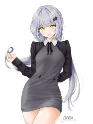 Rule 34 | 1girl, arm behind back, artist name, borrowed character, breasts, chaesu, chain, collared dress, contrapposto, cowboy shot, dress, fang, fish hair ornament, grey dress, grey hair, hair ornament, highres, holding, holding own hair, long hair, long sleeves, looking at viewer, medium breasts, neck ribbon, open mouth, original, pencil dress, ribbed sleeves, ribbon, short dress, simple background, skin fang, slit pupils, solo, thigh gap, tight clothes, tight dress, twintails, very long hair, white background, yellow eyes, yurare