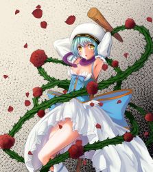 Rule 34 | 1girl, armpits, blue corset, blue hair, blush, breasts, cleavage, commentary request, corset, detached sleeves, dress, entweihen crothen, feet out of frame, flower, frilled dress, frilled sleeves, frills, highres, holding, holding staff, looking at viewer, medium breasts, official alternate costume, open mouth, ragnarok online, red flower, red rose, rose, rozelia00, short hair, sleeveless, sleeveless dress, solo, staff, thorns, wanderer (ragnarok online), white dress, white headwear, white sleeves, yellow eyes
