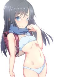 Rule 34 | 10s, 1girl, :o, arched back, asashio (kancolle), ayagi daifuku, backpack, bad anatomy, bag, bare shoulders, black hair, blue bra, blue eyes, blue panties, blue scarf, blush, bow, bow panties, bra, breasts, buckle, cowboy shot, kantai collection, long hair, looking at viewer, navel, panties, parted lips, scarf, school bag, simple background, small breasts, solo, standing, stomach, underwear, underwear only, very long hair, white background, white bow