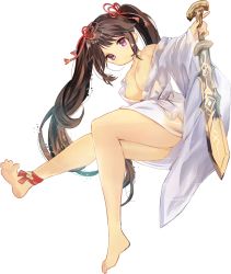 Rule 34 | 1girl, bare legs, barefoot, breasts, brown hair, character request, closed mouth, copyright request, dedeko, expressionless, female focus, highres, holding, holding sword, holding weapon, long hair, looking at viewer, naked robe, purple eyes, robe, solo, sword, transparent background, triangle, twintails, very long hair, weapon, white background, white robe