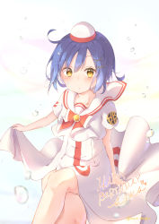 Rule 34 | 1girl, aika granzchesta, air bubble, aria (manga), blouse, blue hair, blush, bob cut, bow, bowtie, bubble, character name, clothes lift, clothing cutout, crop top, crossed legs, dress, dress lift, embarrassed, full body, hair ornament, hairclip, happy birthday, hat, highres, himeya company uniform, leg cutout, lifted by self, long dress, looking at viewer, nut megu, red bow, red bowtie, shirt, solo, surprised, thigh cutout, twitter username, uniform, water drop, white hat, white shirt, yellow eyes